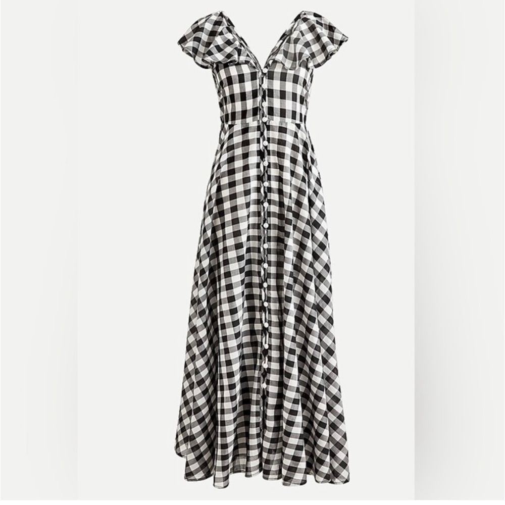 J. Crew Beachwear Button Front Ruffle Dress Black and White Gingham Sz med - Picture 3 of 16